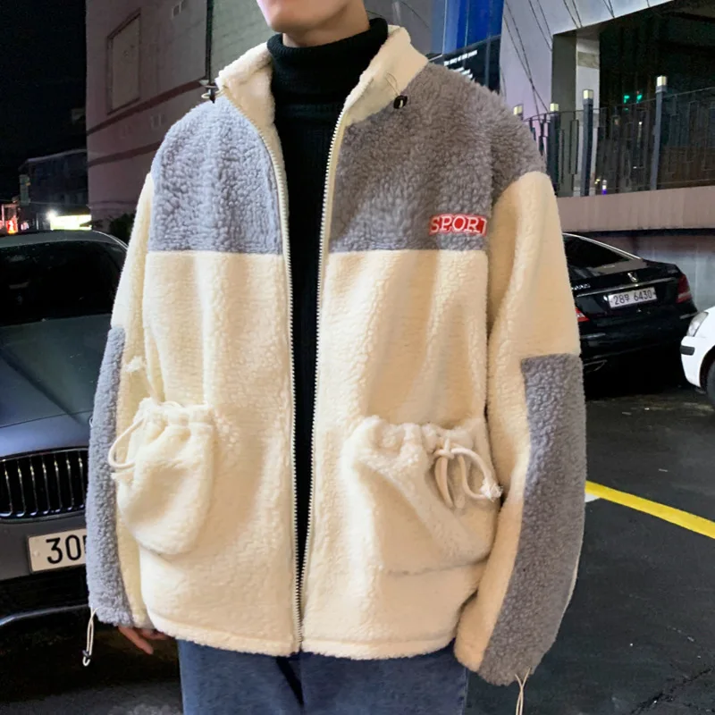 

Plus Velvet Padded Lamb Wool Jacket Cardigan Loose Hong Kong Style Brand Color Matching Jacket Large Size Couple Sweater Men