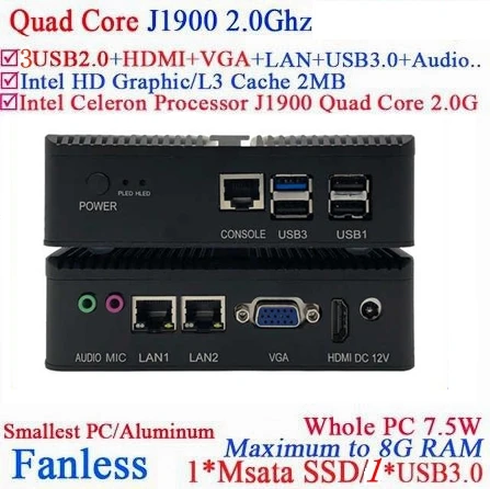 Мини компьютер nano J1900 Dual lan Celeron четырехъядерный 2 0 ГГц безвентиляторный бизнес с 4