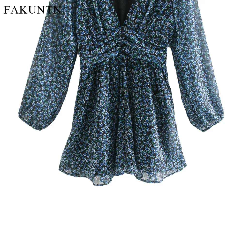 

FAKUNTN Women's Flower Dress 2020 Autumn Winter Vintage Sexy V Neck Casual Long-sleeve Female Printed Dresses For Women Vestido