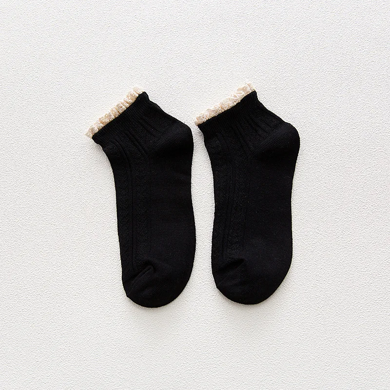 Модные кружевные однотонные носки с оборками женские осенние весенние повседневные Хлопковые женские винтажные милые носки Sokken Calcetines - Цвет: Черный