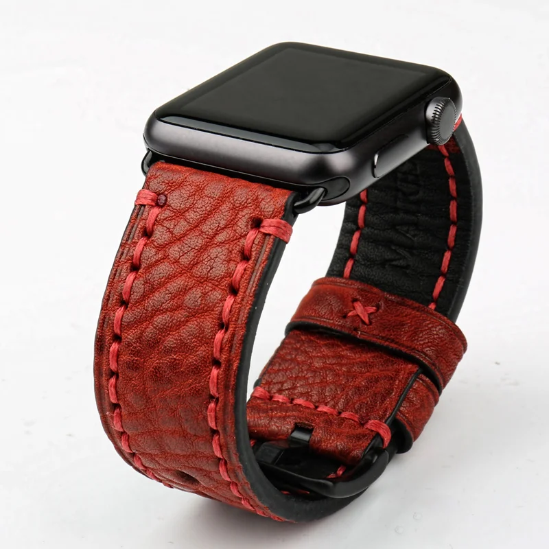 MAIKES Genuine Leather Watchband for Apple Watch Band 49mm 45mm 44mm 40mm 42mm 41mm for iWatch SE Series 8 7 SE 6 5 4 3 for Men