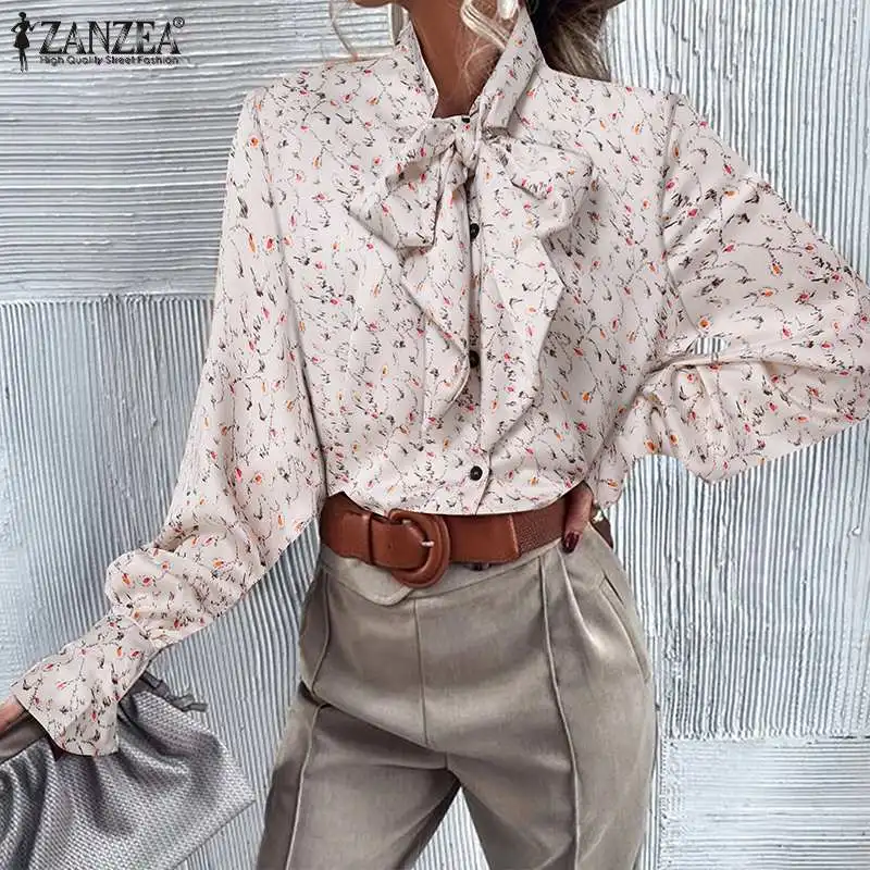 

Autumn Floral Printed Long Sleeve Shirt 2022 ZANZEA Stylish Women Satin Blouse Elegant Ladies OL Work Blusas Lace Up Tops Tunic