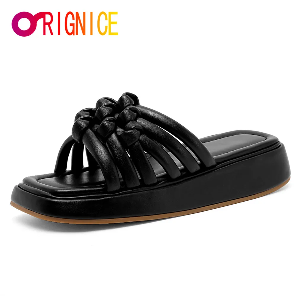 

Orignice Popular Narrow Band Runway Women Platform Thick Bottom Slippers Square Toe Cross Knotted Party Dress Casual Wild Shoes