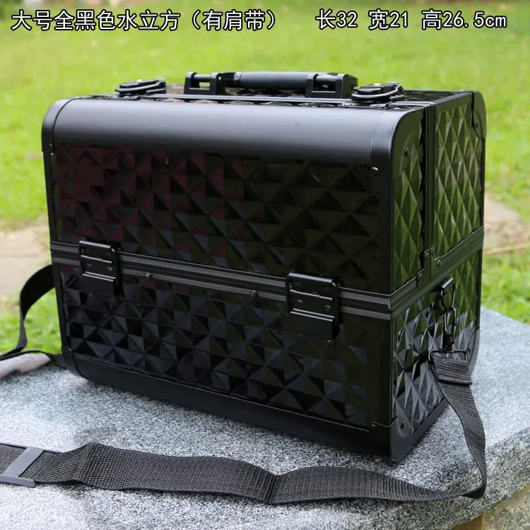 32cm strap Большой кейс для профессиональной косметики ручной зеркальный двухслойный алюминиевый чемодан Вставка для хранения ногтей коробка тату сумка макияж Чехол - Цвет: 32cm strap