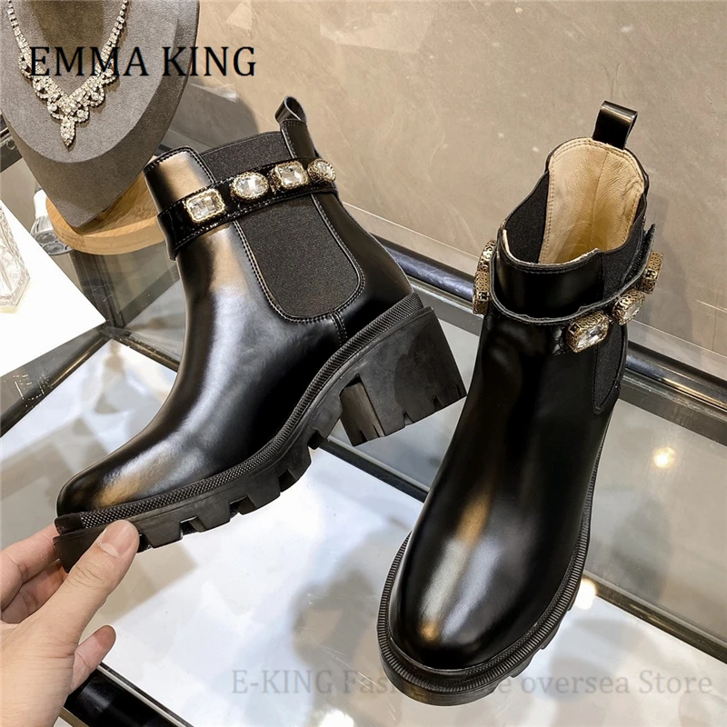 

Hot Autumn Winter Women Black Leather Ankle Boots Femme Round Toe Belt Crystal Martin Boots Thick Bottom Slip On Botas De Mujer