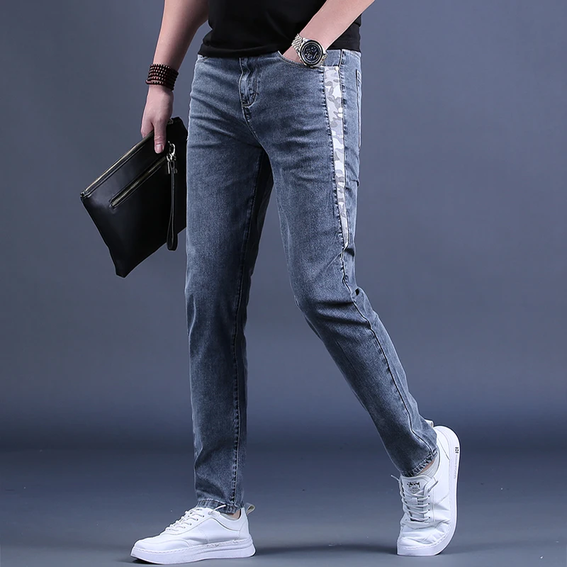 2021 Summer Thin Jeans Men Fashion Blue Gray Slim Fit Pencil Pants Korean Style Casual Spliced Denim Trousers