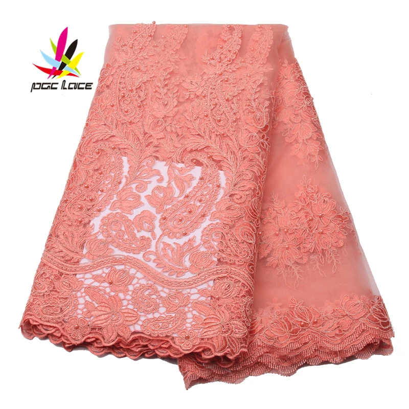 Персиковые бисерные кружева с вышивкой 2018 Высокое качество Кружева Французский