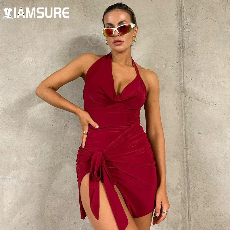 

IAMSURE Clubwear Halter Split Velvet Party Dress Sexy Slim Sleeveless Backless Mini Dresses For Women 2021 Elegant Fashion Lady