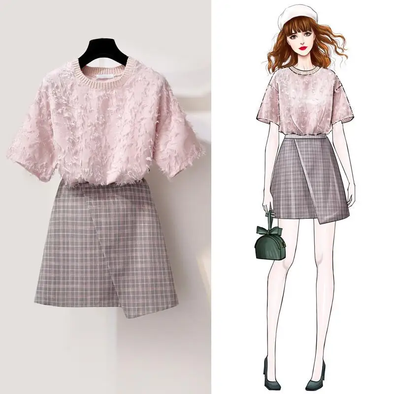 Woman Pink t shirt 2 pieces skirt sets summer elegant Korean pices women plaid casual two piece outfits girl |