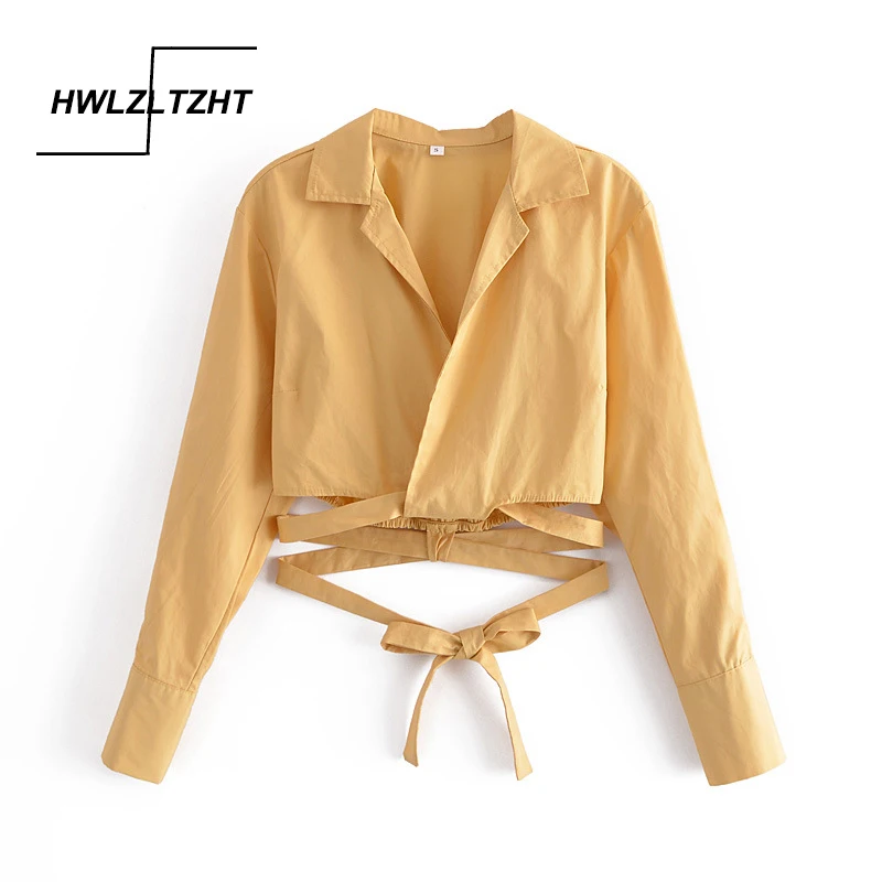 

HWLZLTZHT Women 2021 Fashion With Tied Cropped Blouses Vintage Long Sleeve Crossover Female Shirts Blusas Chic Tops