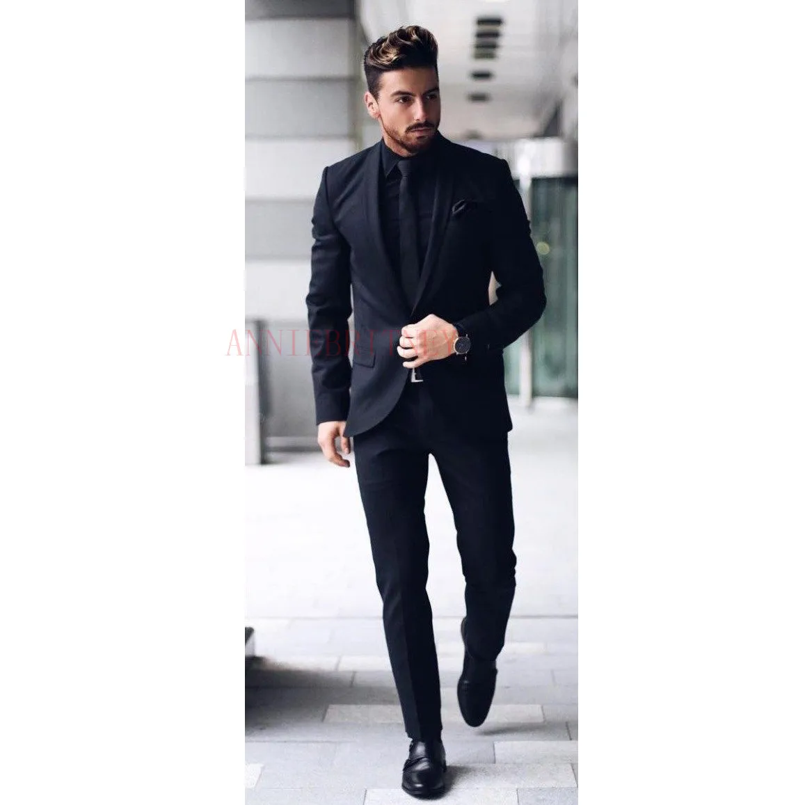 

ANNIEBRITNEY Latest Coat Pant Designs Man Suit Custom Made Slim Fit Blazer with Pants Black Groom Wedding Tuxedo Mens Suits Set