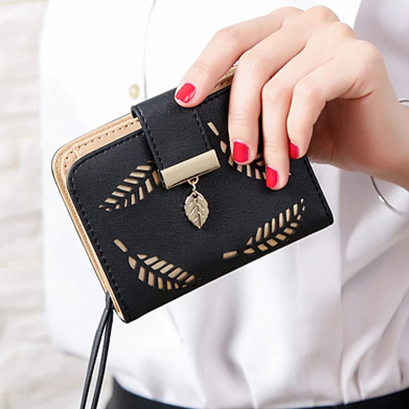 

Women Hollow Leaves Wallets Short Hasp Pu Leather Female 2021 Solid Color Zipper Coin Purses Ladies Clutch Mini Bag