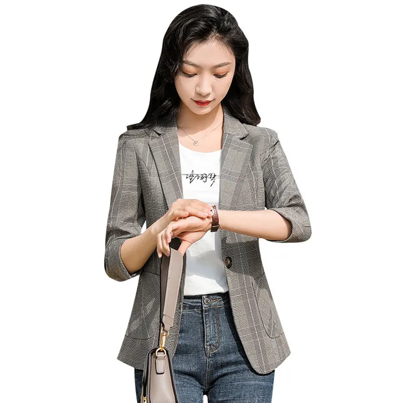 Женский Тонкий Блейзер в клетку весенне летний облегающий костюм для отдыха