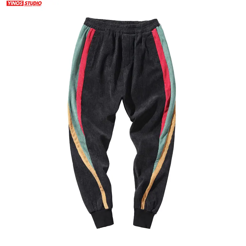 Мужские брюки шаровары с полосками сбоку повседневные черные бархатным