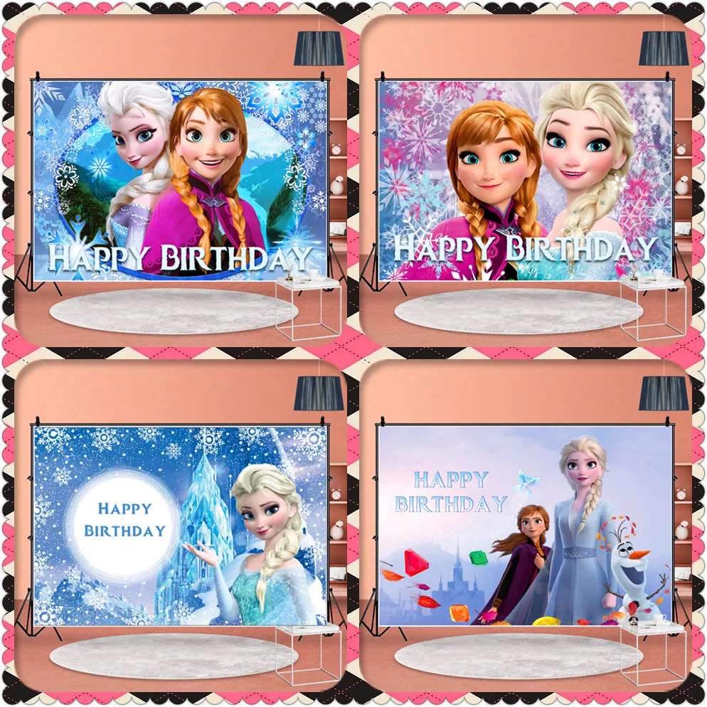 Cartel de Frozen Anna y Elsa para ni&ntilde;os, suministros de fiesta de cumplea&ntilde;os, decoraci&oacute;n de fondo, Decoraci&oacute;n de cumplea&ntilde;os de beb&eacute;, Fondos personalizables de reina de la nieve-0