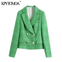 kpytomoa women 2021 fashion double breasted tweed blazer coat vintage long sleeve female outerwear chic veste femme