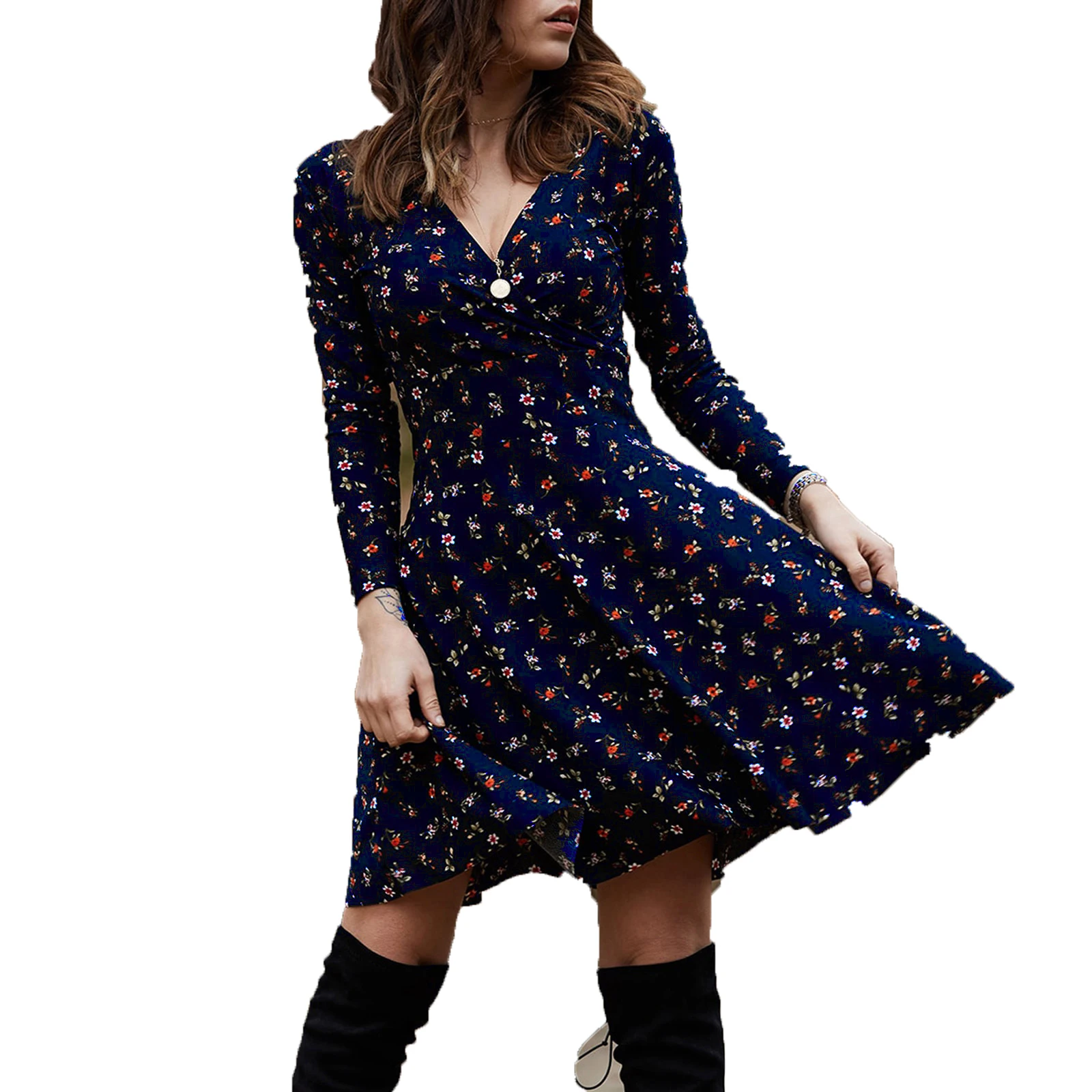 

Spring Summer Long Sleeve V Neck Flowers Print Boho Dress Women Elegant Vintage Floral Printed Casual Green A-line Swing Dress