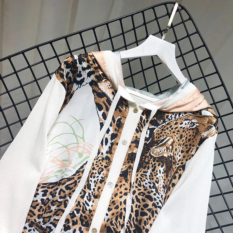 ALPHALMODA/Новинка осени года; модный свитер с капюшоном и принтом; рубашка с длинными рукавами и леопардовым принтом; атласные однобортные кардиганы