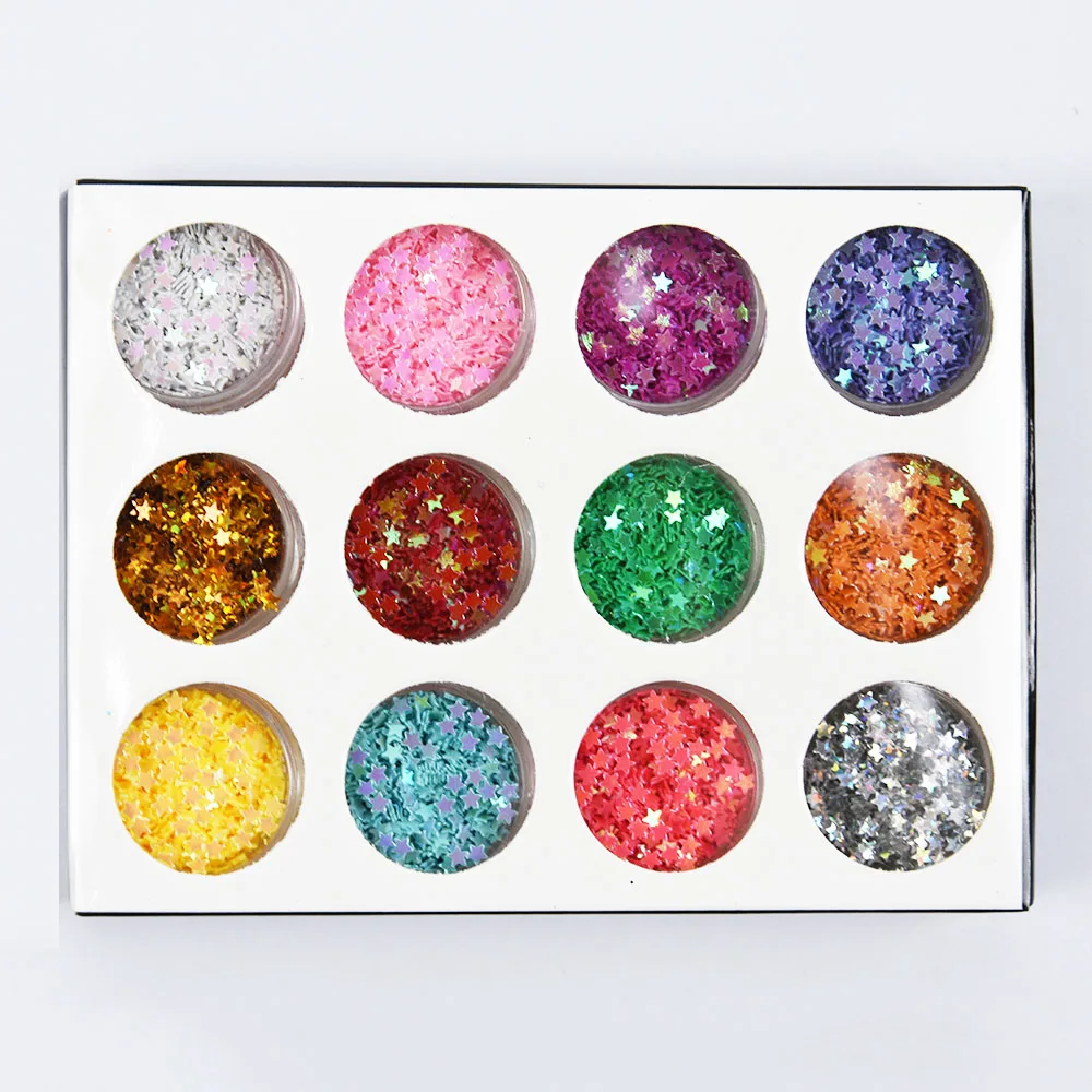 12 Kinds Star Glitter Sequins Flakes Ultra-thin Stars Pentagram 20g 1 Kit Jars Holographic Sparkly Nail Art | Красота и здоровье