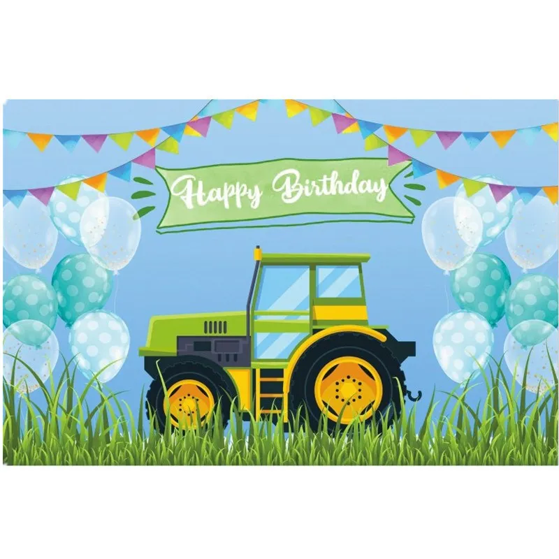 Farm Green Theme Happy Birthday Backdrop Balloons Tractor Construction Vehicle Vinyl Background Party Decoration | Дом и сад