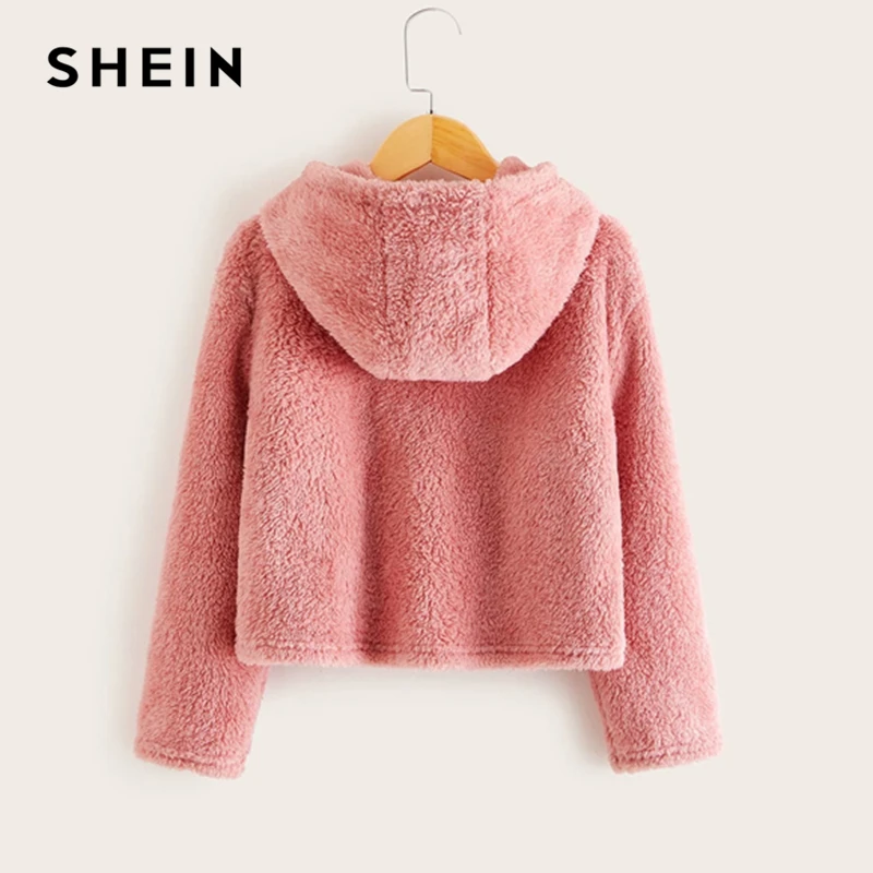 SHEIN Kiddie розовый вышитый спереди Повседневный плюшевый худи детские топы Весна длинный рукав подростковые Осенние милые свитшоты
