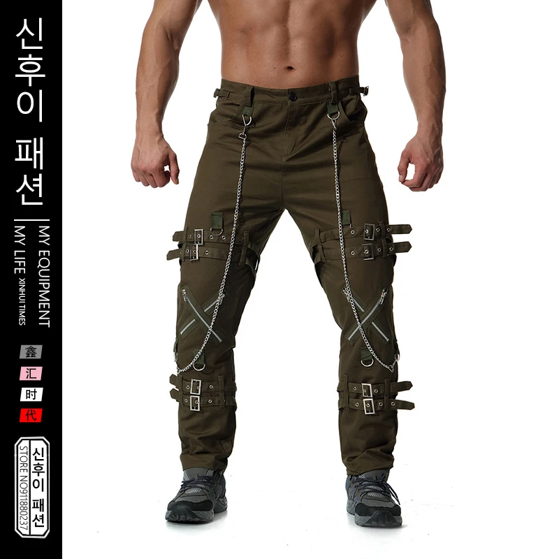 

Men's Military Trousers European American Youth Personality Zipper Decoration Cargo Pants Male Size Casual Four Seasons Trousers