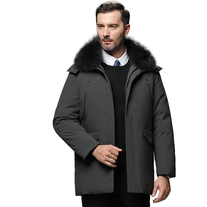 Зимняя мужская куртка на белом утином пуху толстое пальто брендовая с меховым