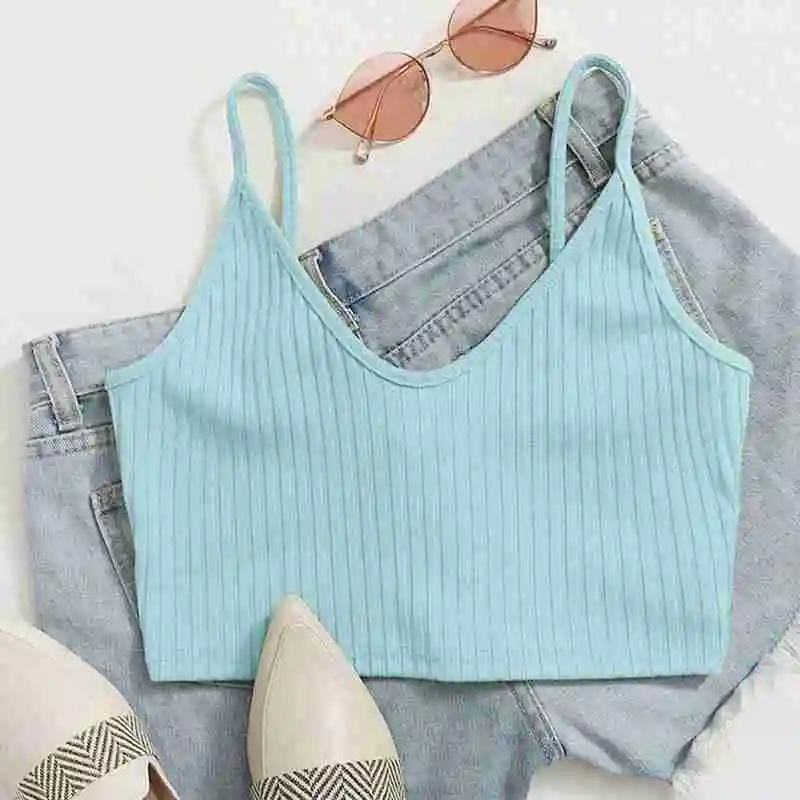 

Women Fashion Camis Color Sleeveless Short Crop Top Cool Streetwear Casual 2021 Female femme Slim Tops Spaghetti Camisole I9D1