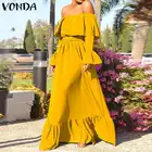 Женское платье с открытыми плечами VONDA, повседневный однотонный плиссированный длинный сарафан с оборками, в богемном стиле, лето 2021