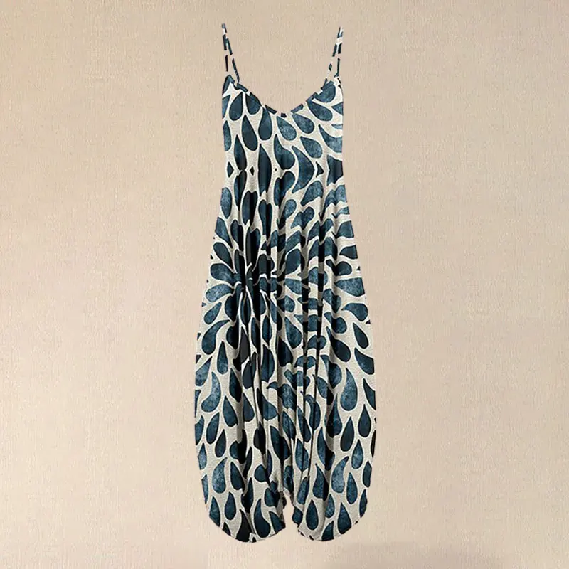 

2021 Summer Navy Beige Water Drop Print Sleeveless Rompers Vintage Adjustable Loose Wide Leg Women Jumpsuit