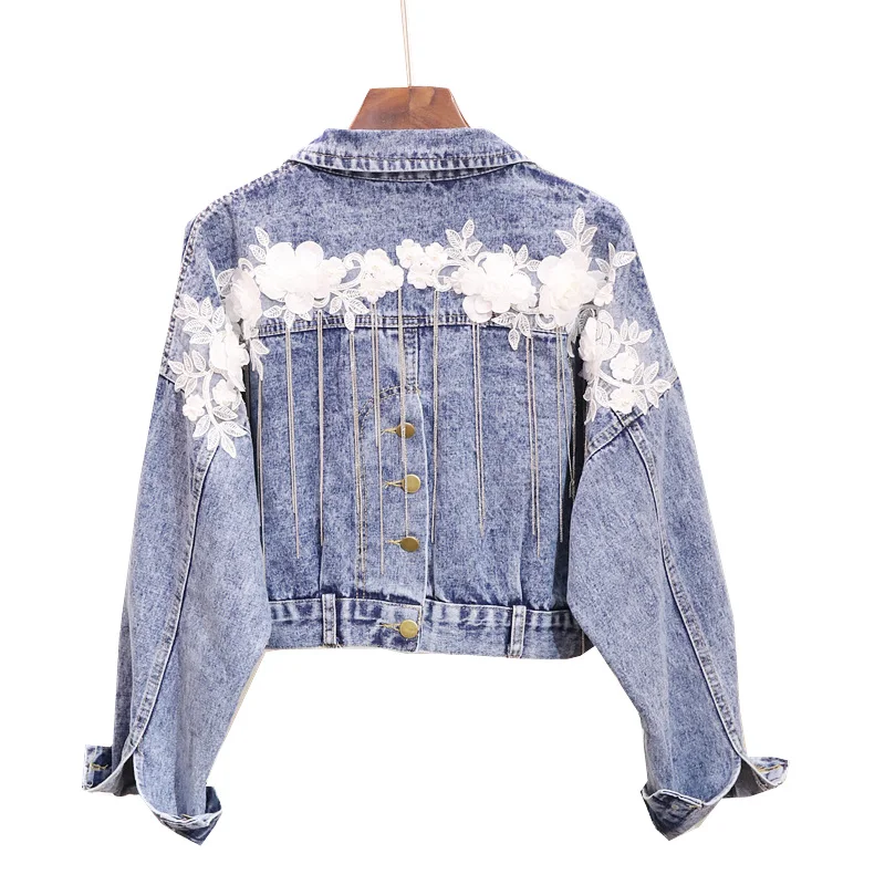 

New style Beaded tassel pendant bat sleeve short denim jacket women s versatile loose jacket trend