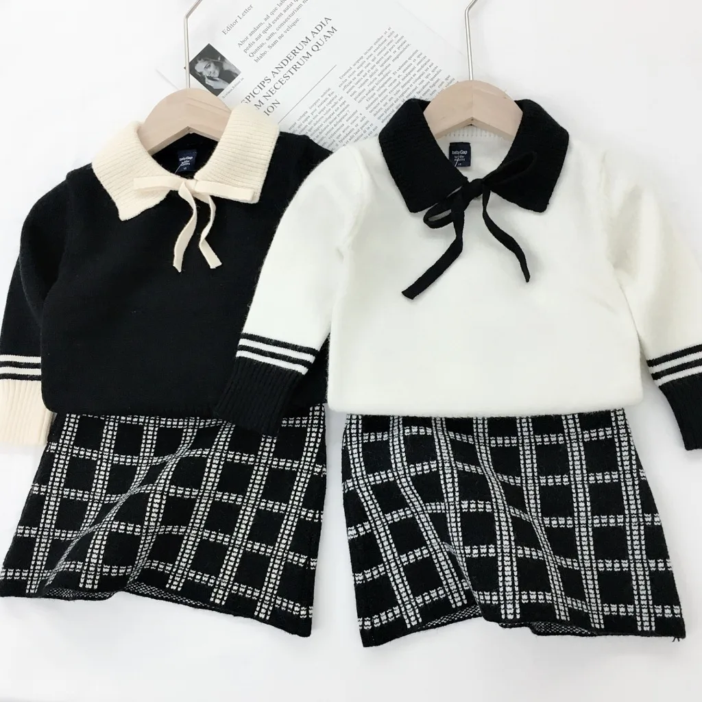 Комплект из свитера в клетку для девочек однотонный пуловер и юбки комплект 2