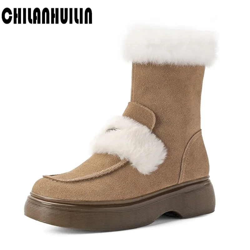 

brand short boots ladies snow boots quality suede leather fur snow boots winter warm wool women ankle boots platform shoes woman