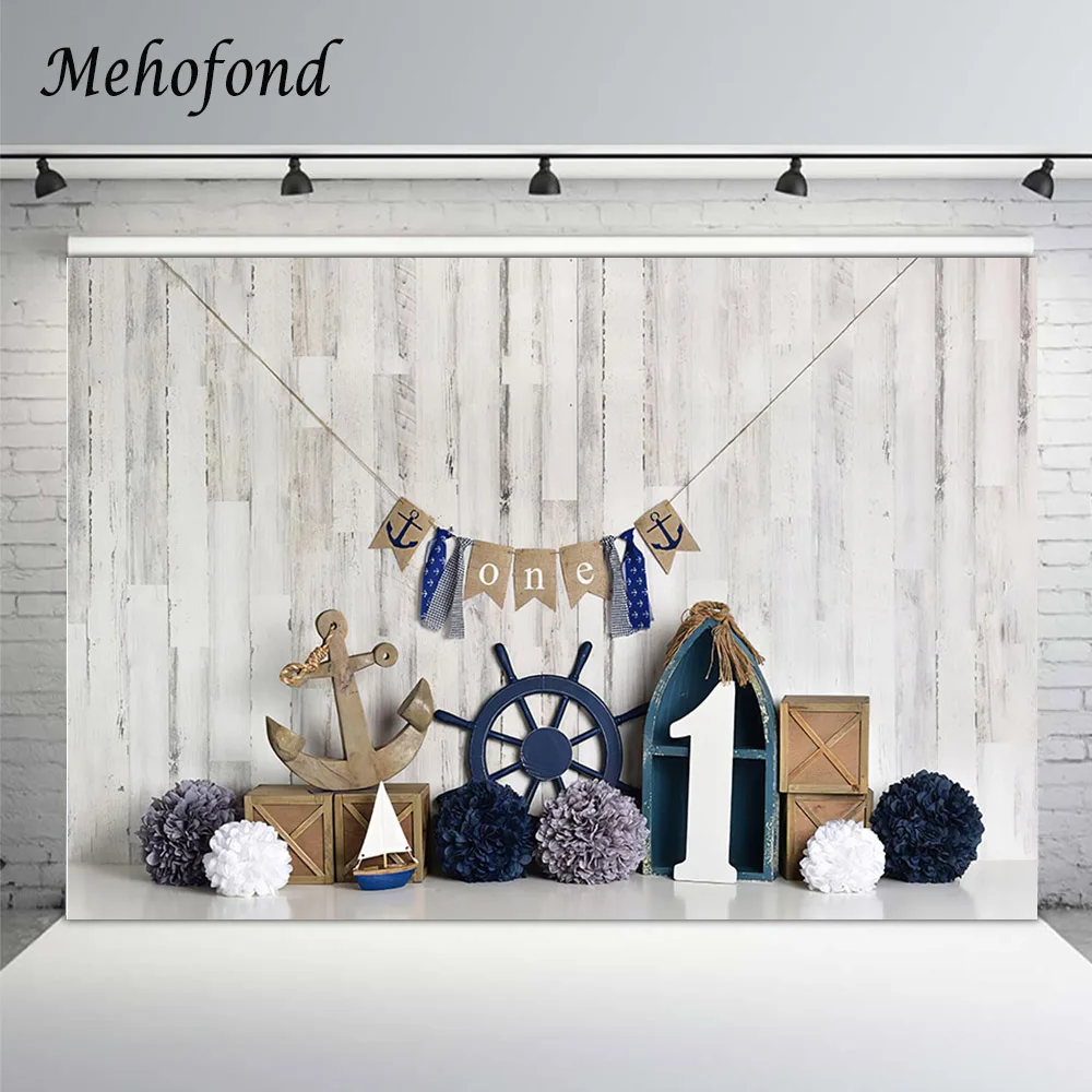 

Boy 1st Birthday Backdrop For Photography Sailing Sailor Boat Ocean Gray Wood Wall Baby Cake Smash Photo Background Photozone