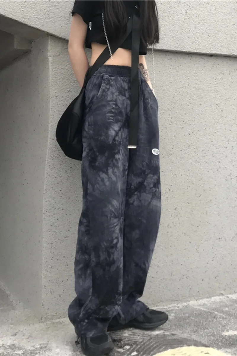 

HARAJPOO Women Pants Korean Harajuku Retro Tie-dyed Casual Elastic Waist Wide Leg Straight Trousers Female Tide Lazy Wind