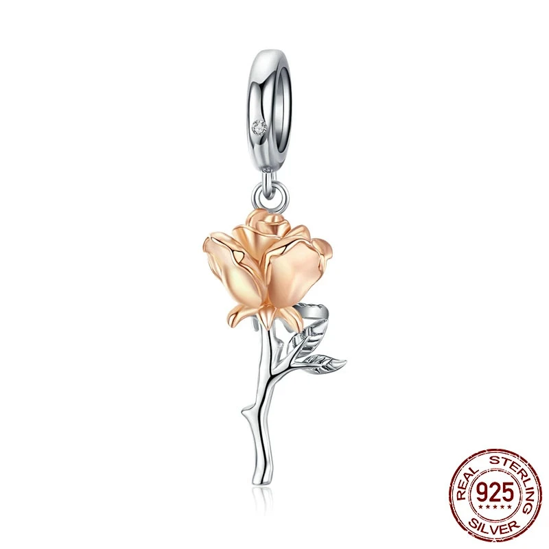 

Rose Gold Roses Flower Charm 925 Sterling Silver European Pendant Beads Fit Women Valentines Bracelet Fine Jewelry