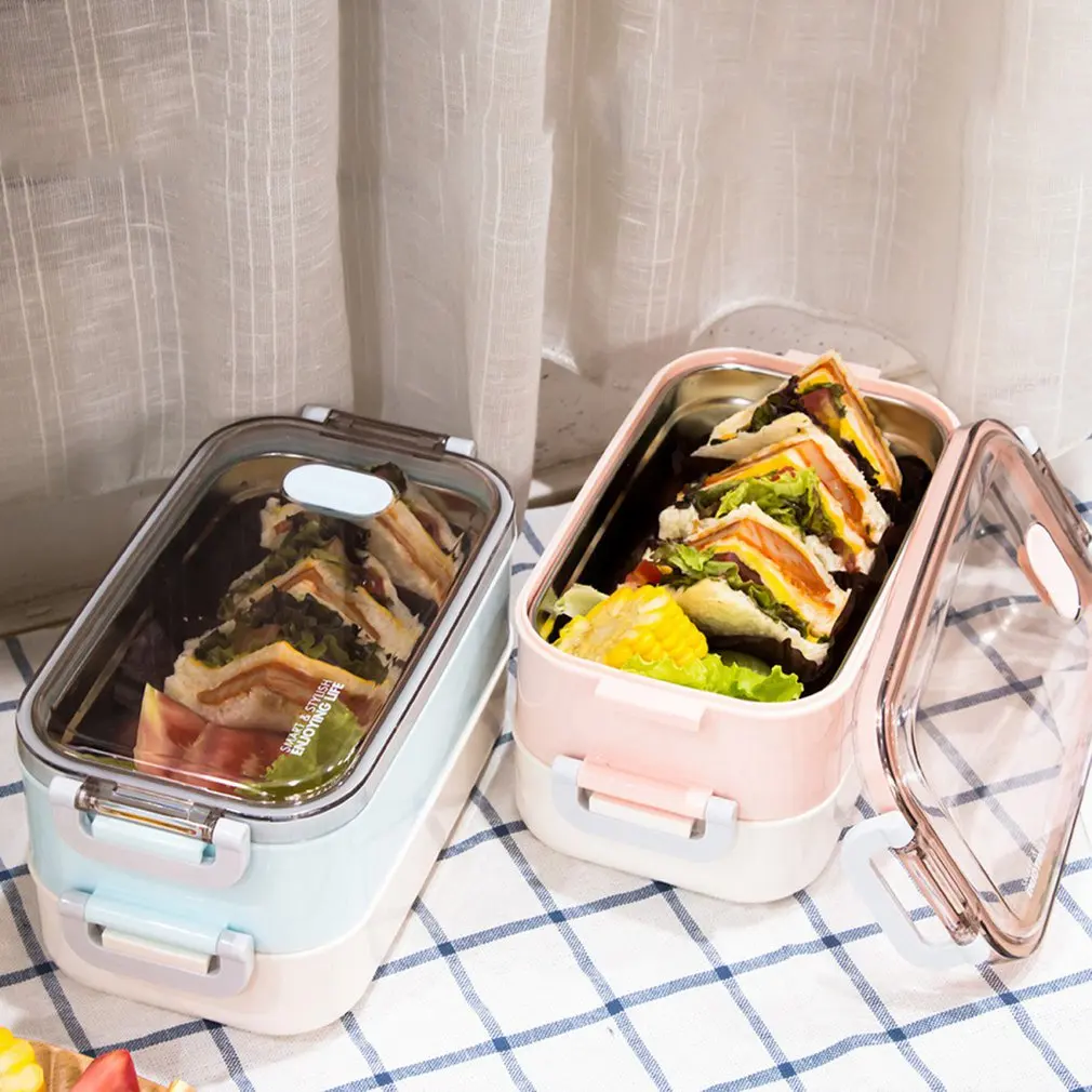 

Stainless steel insulated lunch box lunch box fast food tray student with lid portable canteen office double lunch box