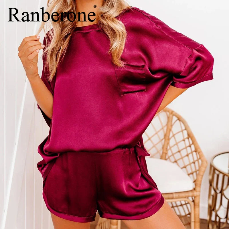 Ranberone 2 Piece Women's Suit Solid Color Round Neck Tracksuit Loose Short Sleeved + Shorts Casual Home Service Suit 2021