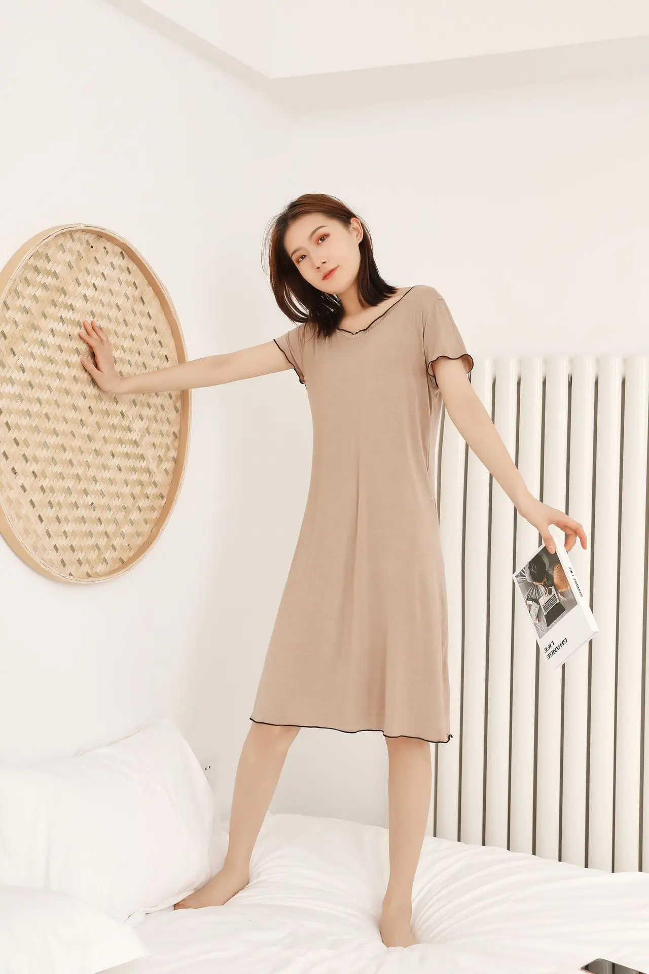 Summer New Modal Nightdress Women's Korean V-neck Short Sleeve Solid Slim Dress Medium Length Nightgowns Homewear Sleepwear