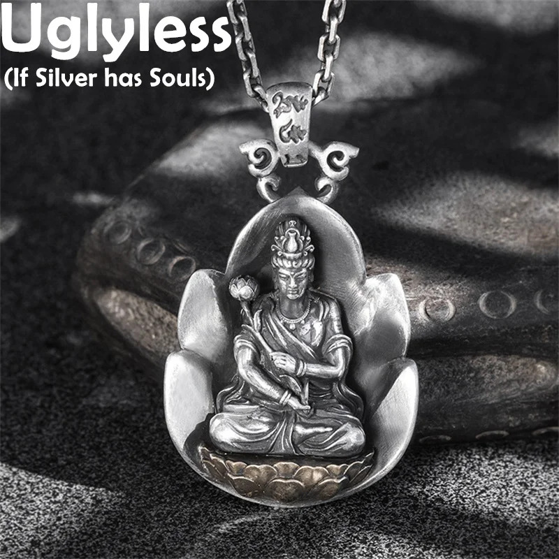 

Uglyless 999 Серебряный Лотос настольная лампа ожерелья для мужчин ручная резьба Buddhistic фигура ювелирные изделия 6 слов мантра без цепочек