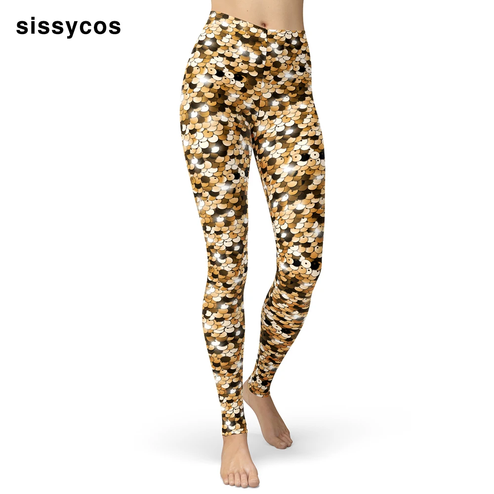 

Sissycos Shiny Sequin Printed Leggings for Women Girls Mermaid Fish Scale Pattern Brushed Buttery Soft Skinny Fitness Trousers