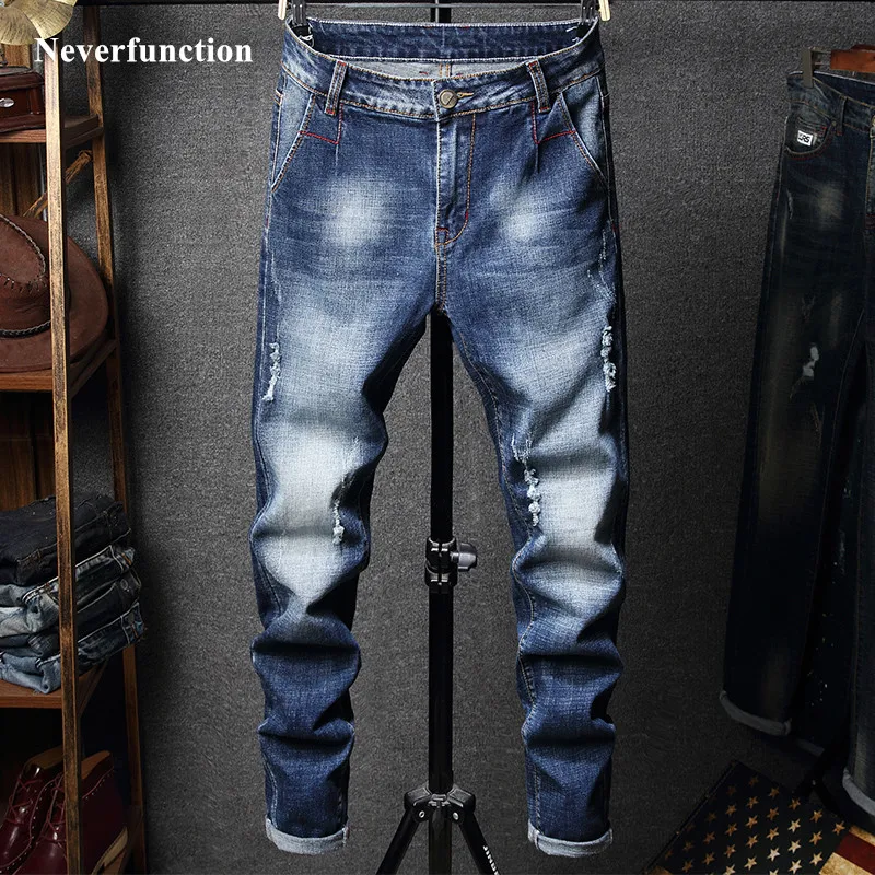 Новые мужские рваные Стрейчевые облегающие Простые повседневные джинсы Уличная