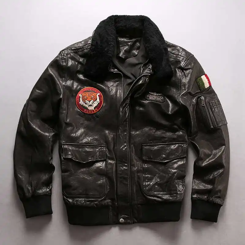 

2021 Военная летная куртка мужская куртка из натуральной кожи с меховым воротником с вышивкой тигра зимнее кожаное пальто для мужчин черное