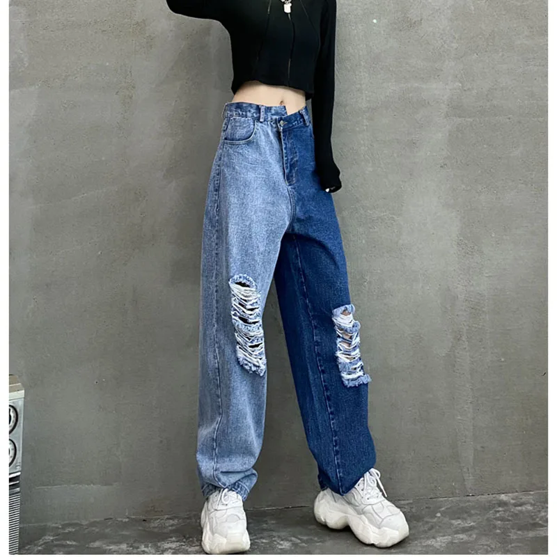 

2021 New Trend Women Jeans Dark Blue Patched Light Blue Color Knee Holes Cool Girls Wide Leg Denim Pants Loose Pantalones Mujer