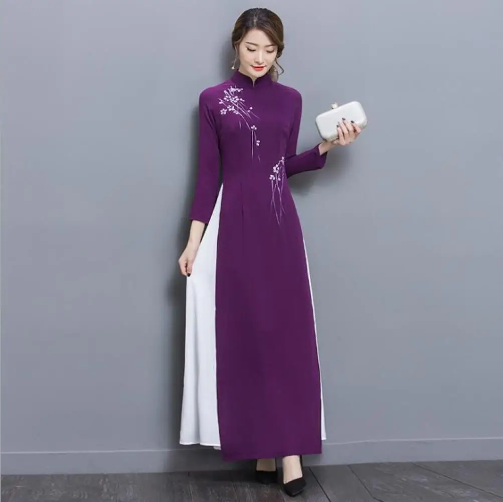 

Chinese Style Stand Collar Stitching Contrast Color Hem Temperament Qipao Improved Ladies Literary Banquet Elegant Dress