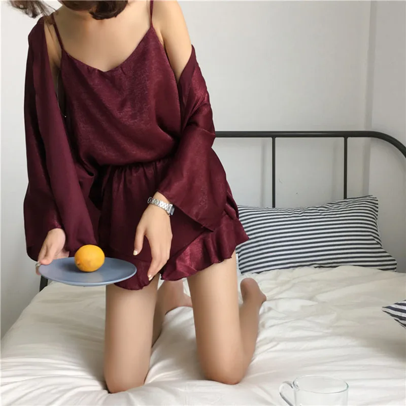 Sanderala Sexy Women 3 Pieces Pajamas Set Sleepwear Lingerie Ruffle Shorts Nightgown Sleeveless Nighty Sets Pants Pajama Women