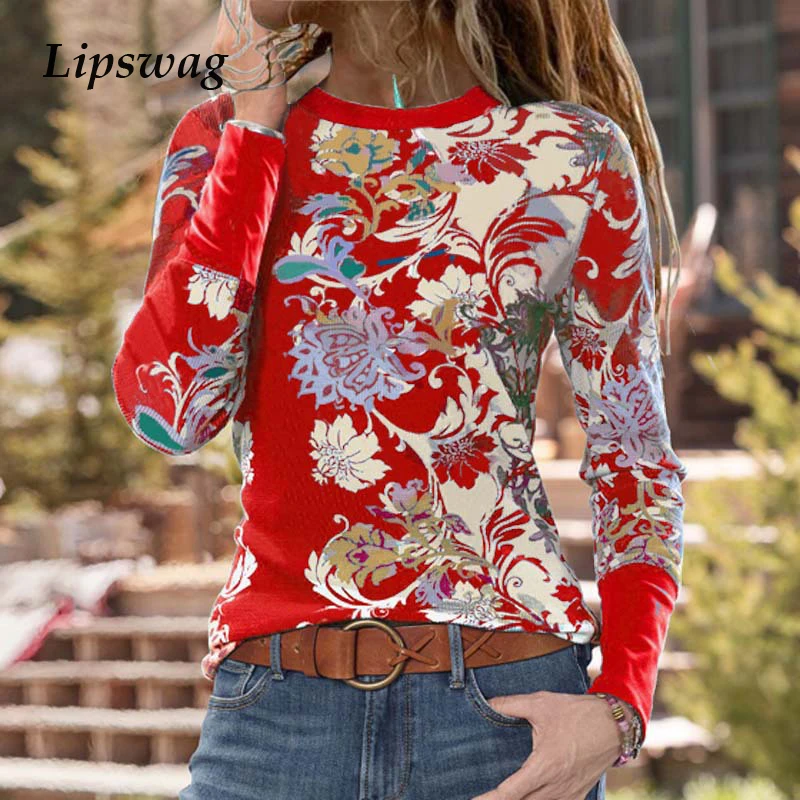 

2021 Spring Fashion Floral Print Tops Women New Casual Long Sleeve O-Neck Pullover Autumn Female Elegant Shirt Blusas Streetwear