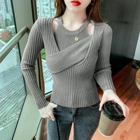 autumn winter 2021 fake two piece set halter womens sweater office lady fashion ribbing slim knit pullovers tops female