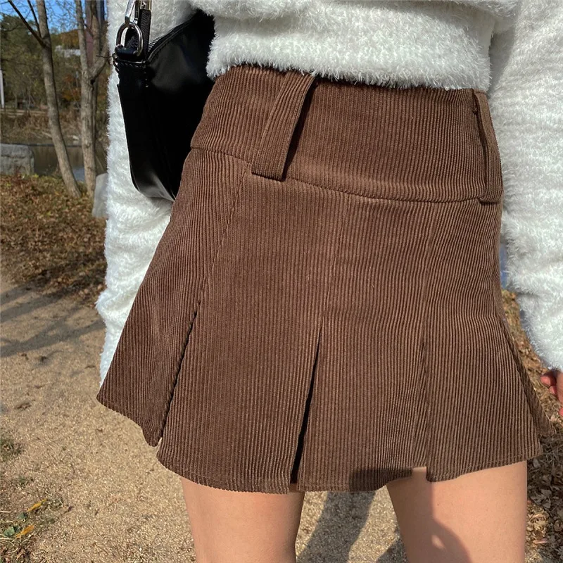 

MissThalia Autumn Winter Corduroy Pleated Mini Skirts Womens Vintage Sexy Clubwear High Waist Pencil Bodycon Skirt Female