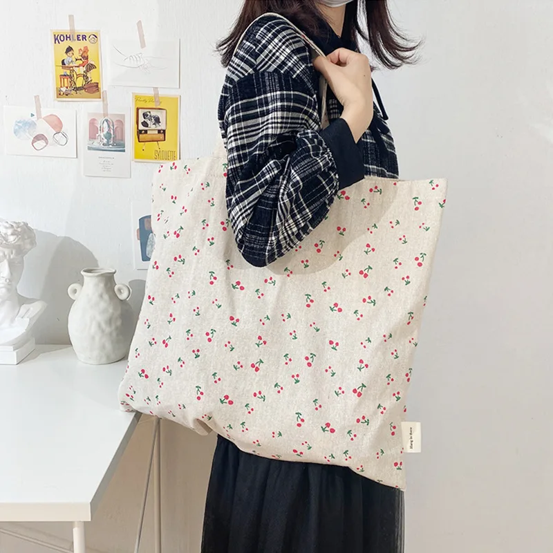 

Canvas Bag Shopping Bag Fashion Cherry Print Cotton Hemp Large Capacity All-match Reusable Bags Korean Simple Style Small Fresh
